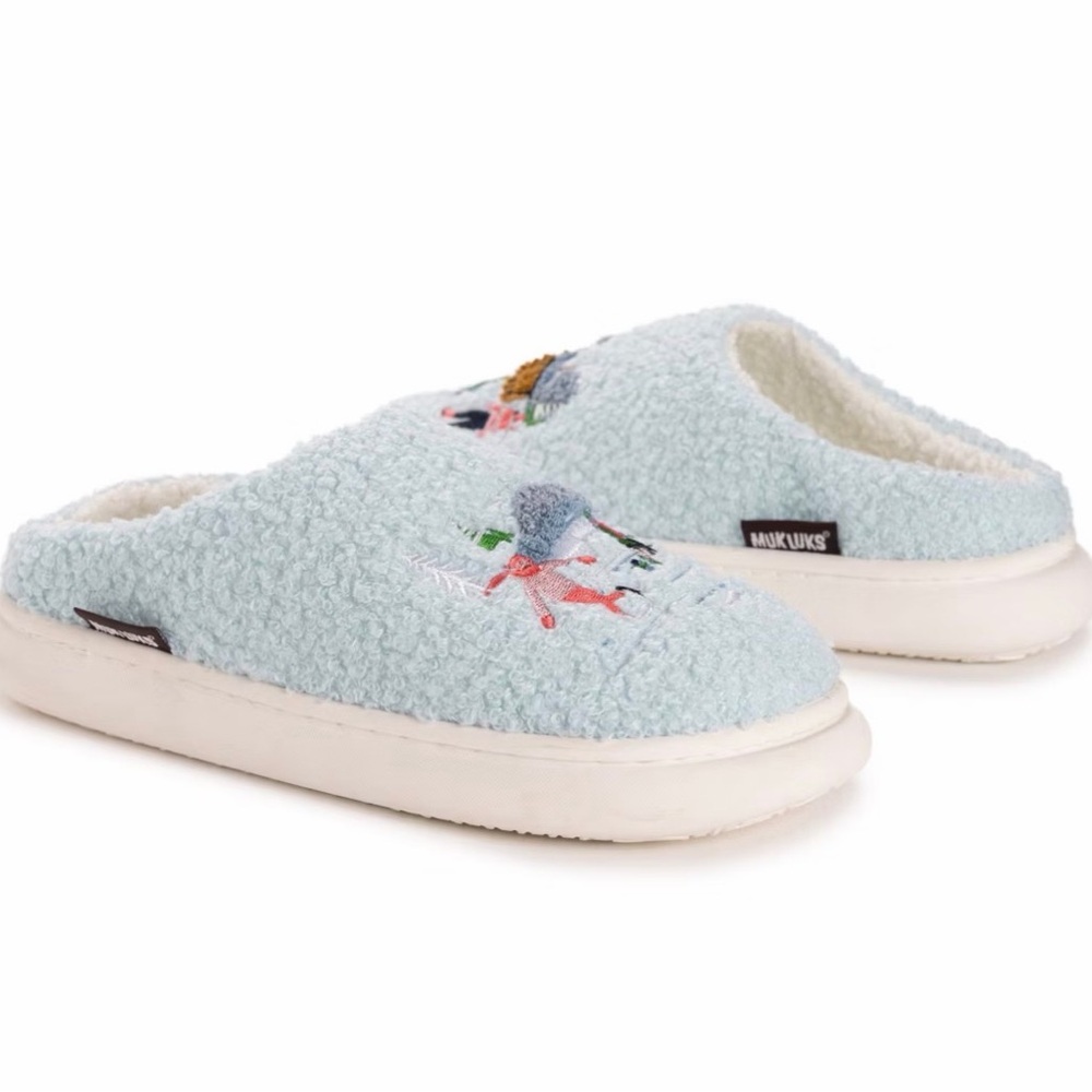Muk Luks Blue Embroidered Slippers